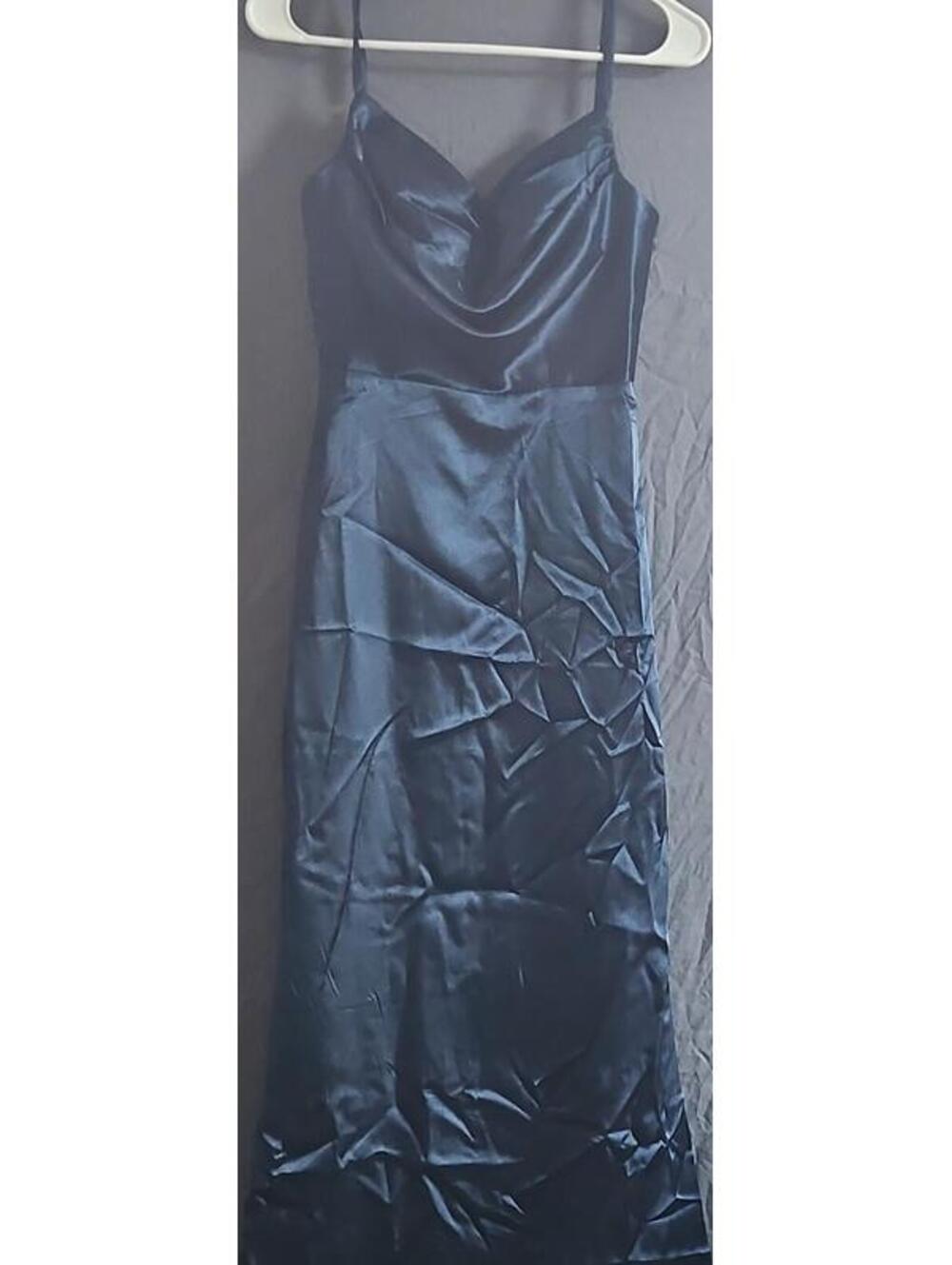 Navy Blue Satin Long Maxi Gown Dress Cowl Neck Spaghetti Strap Size 2